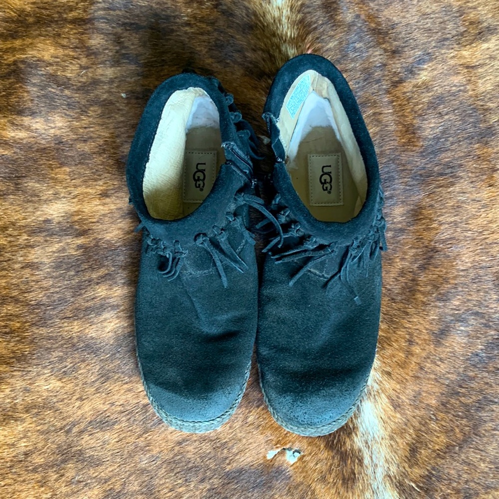 UGG black fringe moccasin booties. Size 8.